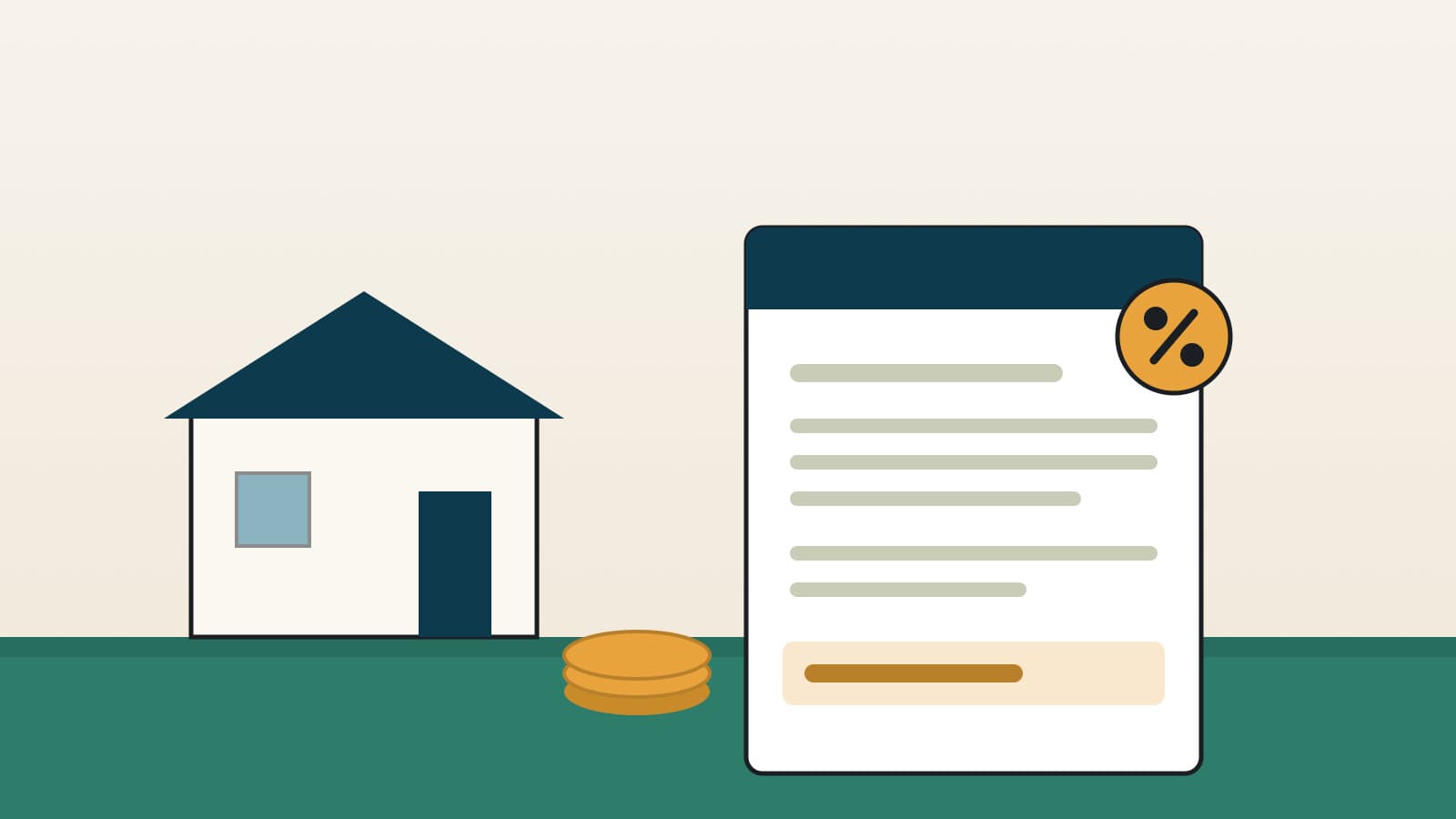 Illustration of a home beside a property-tax statement, a percent badge, and a stack of coins